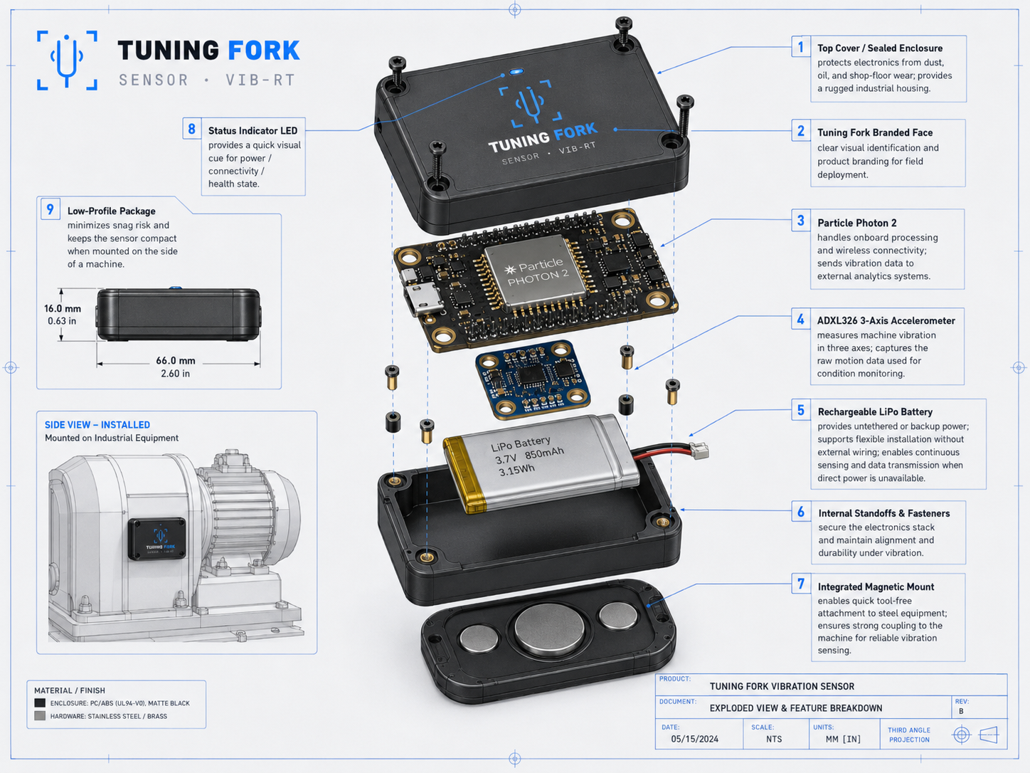 Tuning Fork VIB-X7 sensor exploded view with labeled components